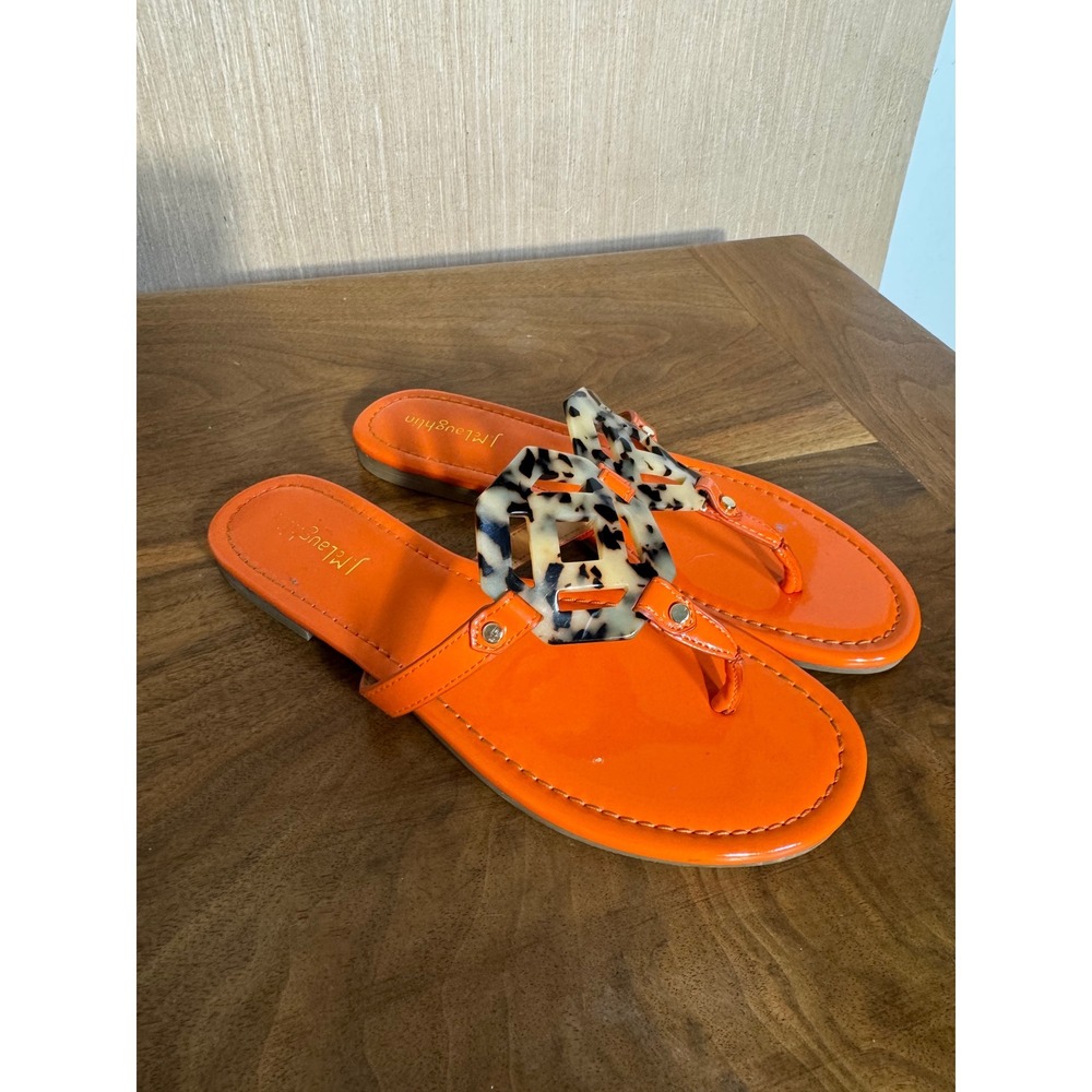 J.McLaughlin Orange Patent Leather Tortoise Link Thong Sandals Women Flat Summer